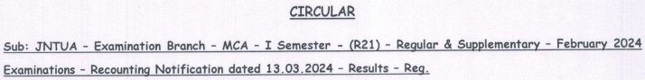 Recounting results of MCA I semester- R21 Regular & Supple Feb 2024 Exams